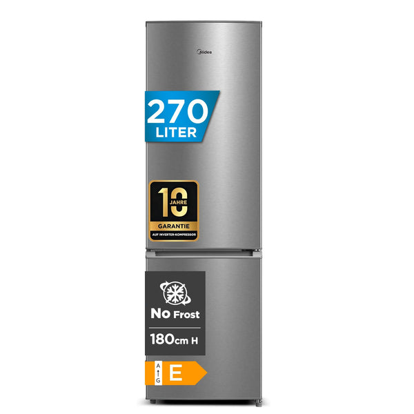 Midea Kühlschrank mit Gefrierfach MERB276FGE02A | 270L Kühl-Gefrierkombination (199L + 71L) | No Frost, All-Around Cooling | Doppelte Steuerung & Digital Control | Super-Kühl, LED | 180 cm, Edelstahl