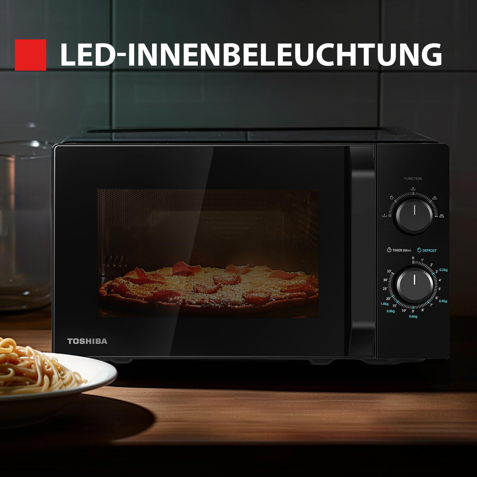 Toshiba MW2-MM20PF(BK) Mikrowelle/Solo-Mikrowelle / 20L / 800W / 5 Leistungsstufen mit praktischer Auftaufunktion/LED-Beleuchtung im Innenraum/Schwarz
