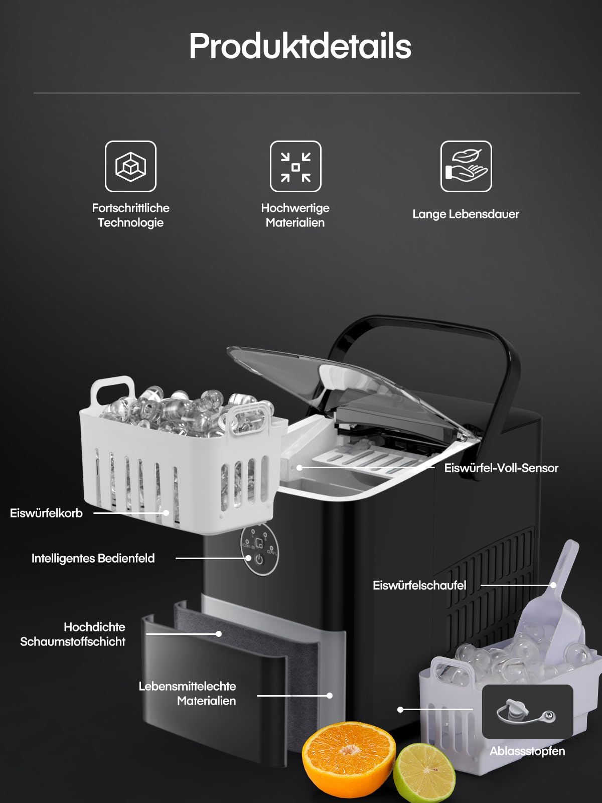 FOHERE Eiswürfelmaschine 14kg 24 Stunden, Eiswürfel in 5 Min, 2 Größen von Bullet Ice, Selbstreinigender Eiswürfelbereiter mit Griff, Eisschaufel u. Korb, Ice Maker für Party Büro RV (Tiefschwarz)