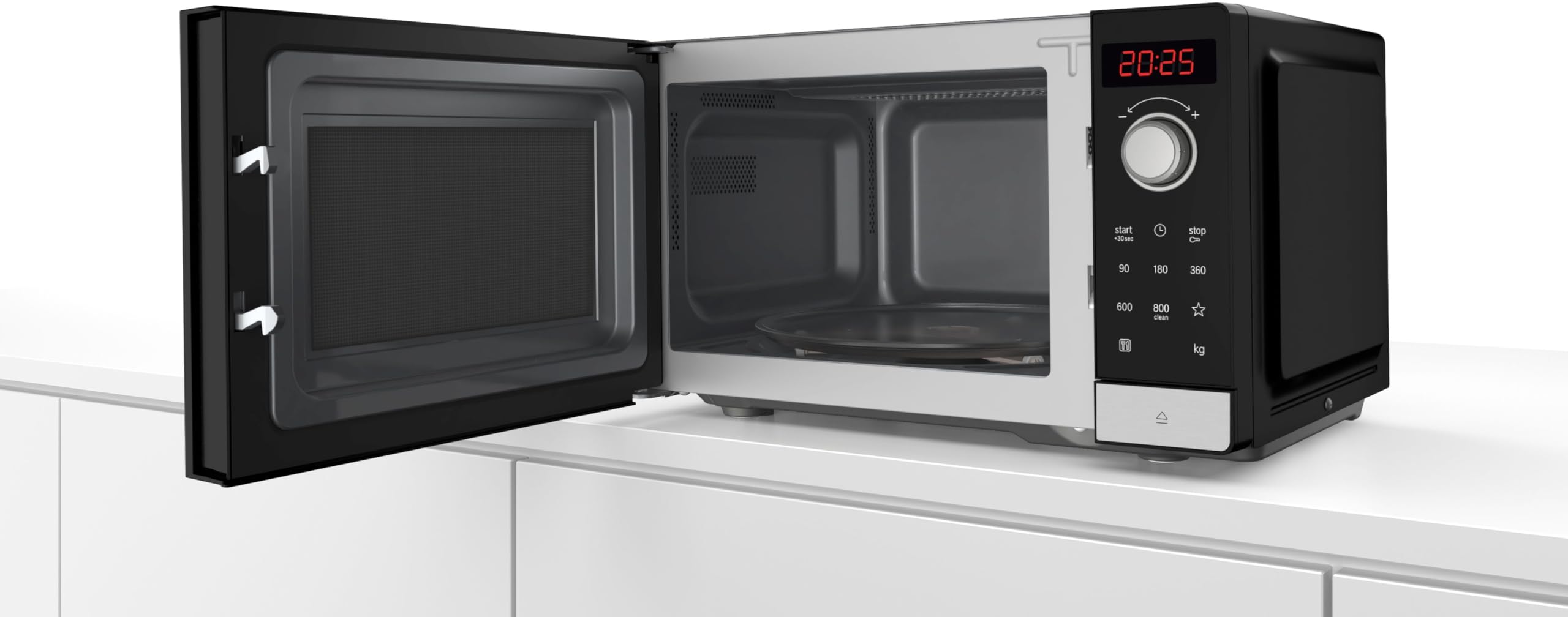 Bosch FFL023MS2 Serie 2 freistehende Mikrowelle, 26 x 44 cm, 800 W, Drehteller 27 cm, Türanschlag Links, AutoPilot 7 mit 7 Automatikprogramme, Reinigungsunterstützung, LED-Touchdisplay, Edelstahl