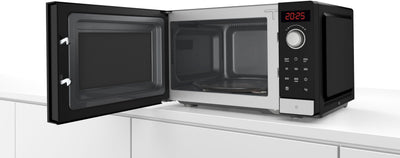 Bosch FFL023MS2 Serie 2 freistehende Mikrowelle, 26 x 44 cm, 800 W, Drehteller 27 cm, Türanschlag Links, AutoPilot 7 mit 7 Automatikprogramme, Reinigungsunterstützung, LED-Touchdisplay, Edelstahl