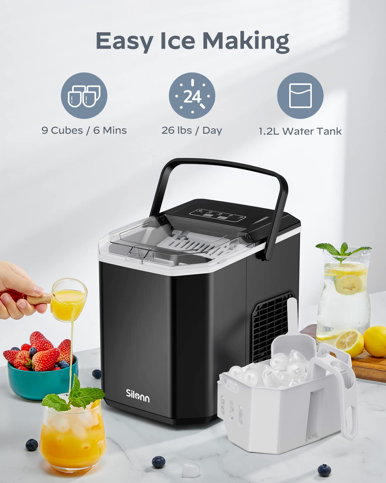 Silonn Eiswürfelmaschine mit Griff-Eiswürfelkorb – Tragbar & Selbstreinigend, Mini Ice Maker 9 Eiswürfel/6 Min. 12 KG/Tag, Eiswürfel einfach entnehmen und überall nutzen