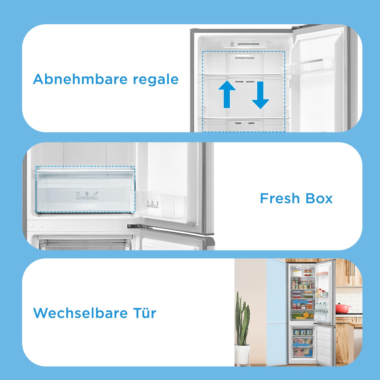 Midea Kühlschrank mit Gefrierfach MERB276FGE02A | 270L Kühl-Gefrierkombination (199L + 71L) | No Frost, All-Around Cooling | Doppelte Steuerung & Digital Control | Super-Kühl, LED | 180 cm, Edelstahl