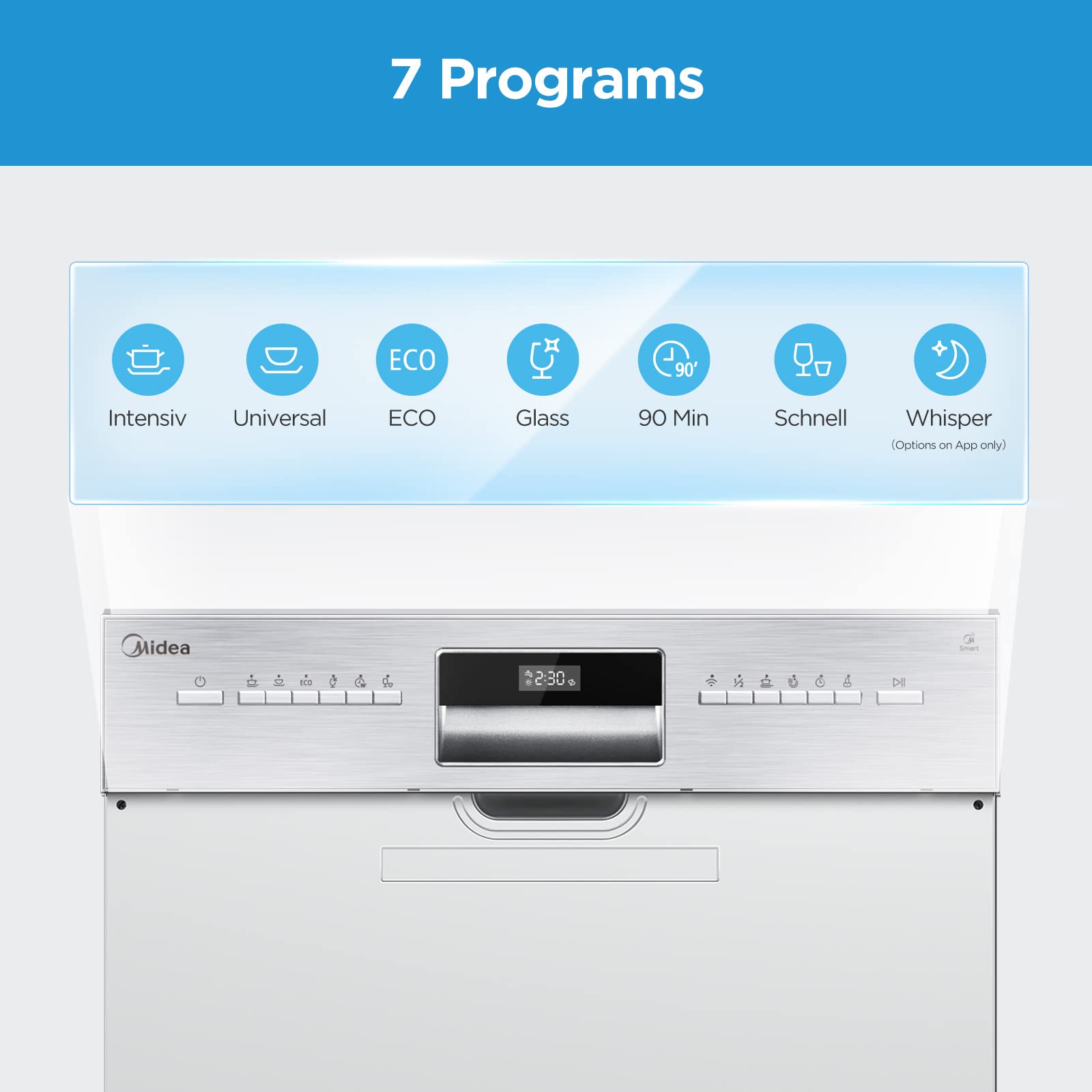 Midea SI 3.60N wi Geschirrspüler 60 cm Teilintegriert, 13 Maßgedecke, Halbintegrierter Spülmaschine mit WiFi, Extra Trocknung, 7 Programme, 49dB, 0~24 Startverzögerung - Inox