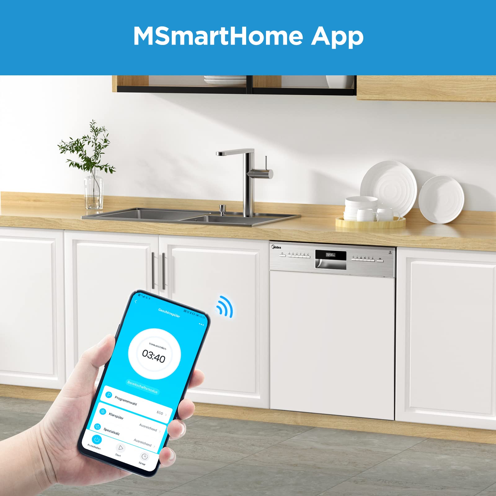 Midea SI 3.60N wi Geschirrspüler 60 cm Teilintegriert, 13 Maßgedecke, Halbintegrierter Spülmaschine mit WiFi, Extra Trocknung, 7 Programme, 49dB, 0~24 Startverzögerung - Inox