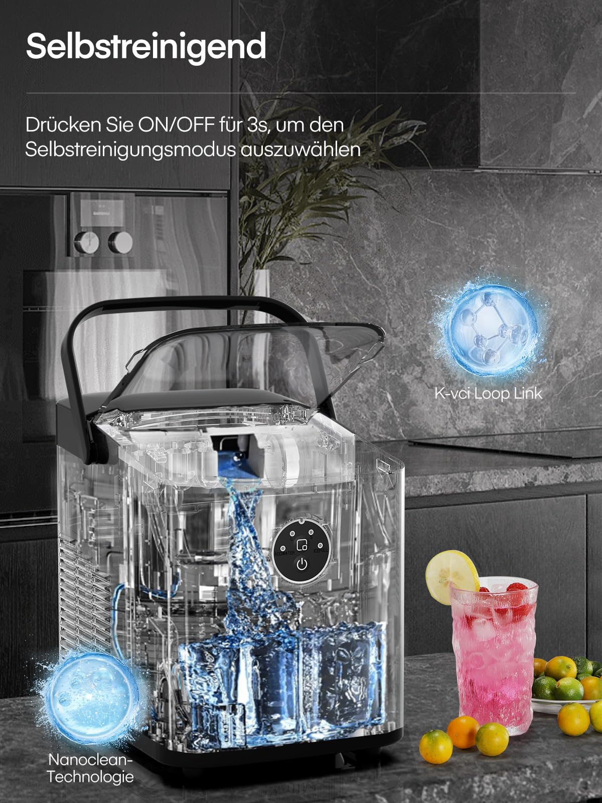 FOHERE Eiswürfelmaschine 14kg 24 Stunden, Eiswürfel in 5 Min, 2 Größen von Bullet Ice, Selbstreinigender Eiswürfelbereiter mit Griff, Eisschaufel u. Korb, Ice Maker für Party Büro RV (Tiefschwarz)