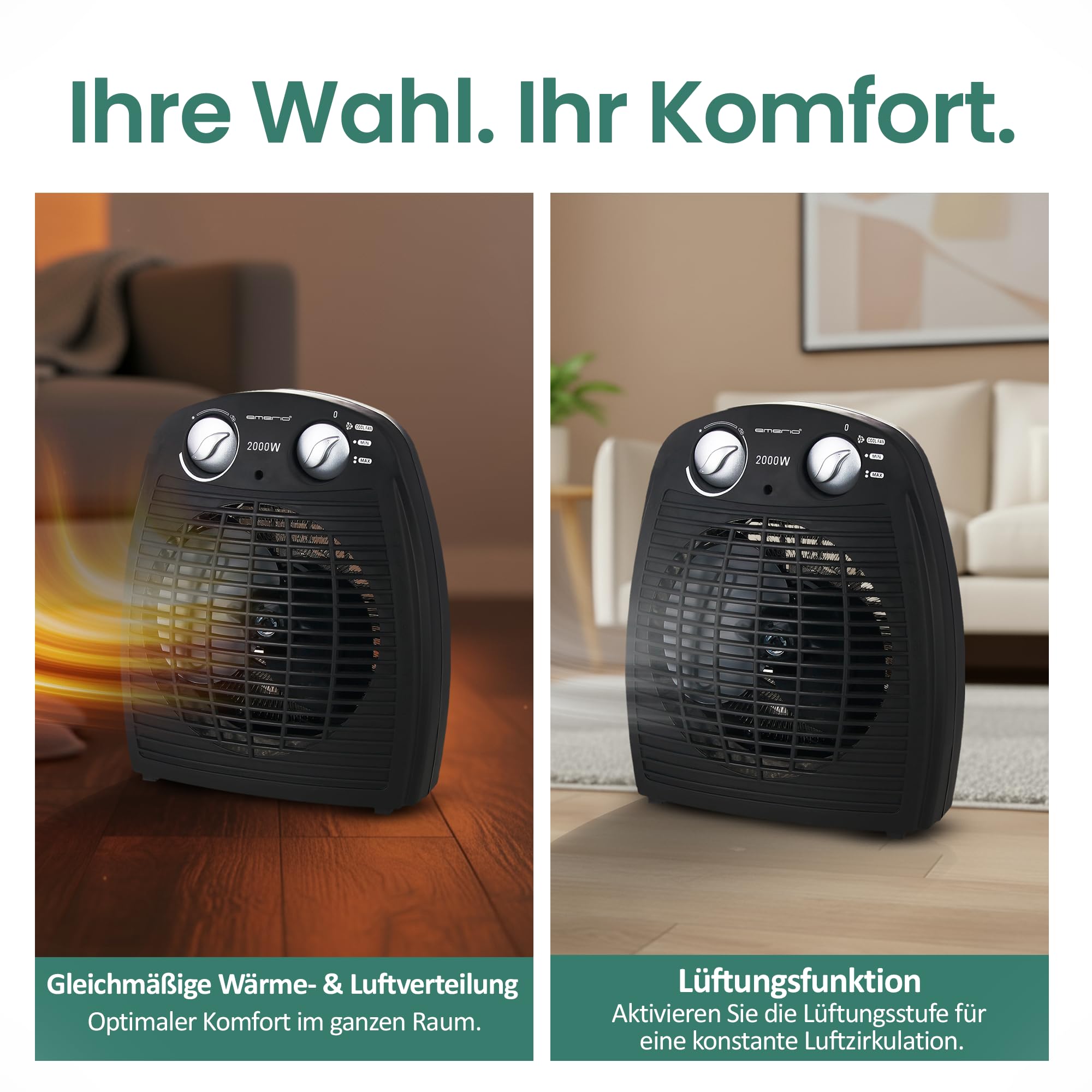 Emerio FH-106737.2, Note 1.5, kleiner kompakter portabler Heizlüfter für 25 m², 2 Heizleistungen + Ventilatorfunktion, verstellbarer Thermostat, Sicherheitsschalter, Handgriff, 2000 Watt, Anthrazit