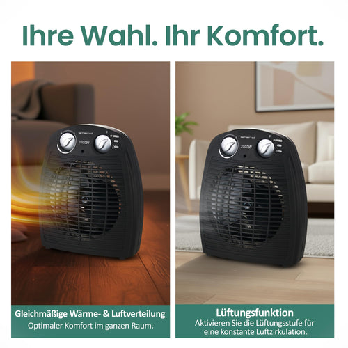 Emerio FH-106737.2, Note 1.5, kleiner kompakter portabler Heizlüfter für 25 m², 2 Heizleistungen + Ventilatorfunktion, verstellbarer Thermostat, Sicherheitsschalter, Handgriff, 2000 Watt, Anthrazit