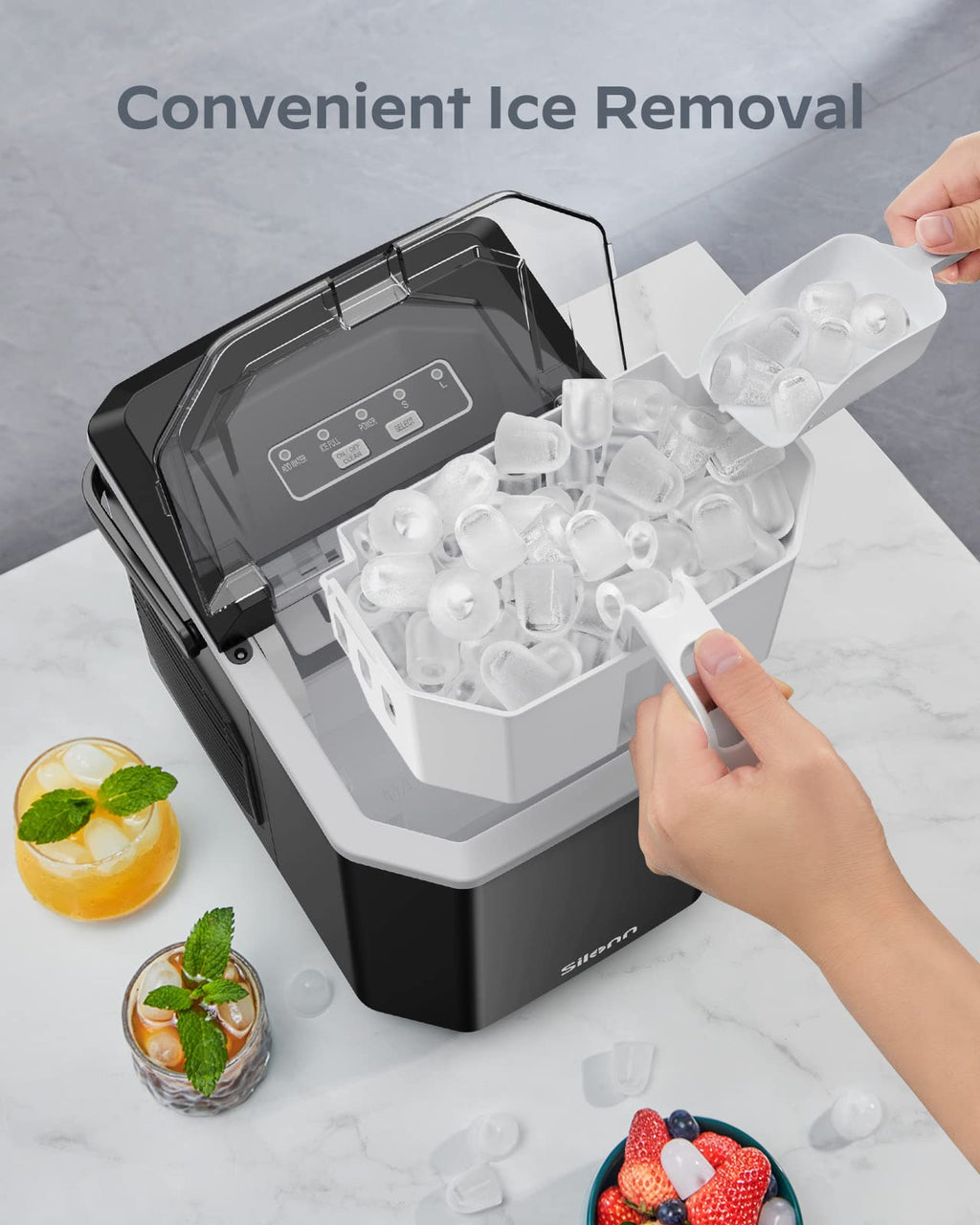 Silonn Eiswürfelmaschine mit Griff-Eiswürfelkorb – Tragbar & Selbstreinigend, Mini Ice Maker 9 Eiswürfel/6 Min. 12 KG/Tag, Eiswürfel einfach entnehmen und überall nutzen