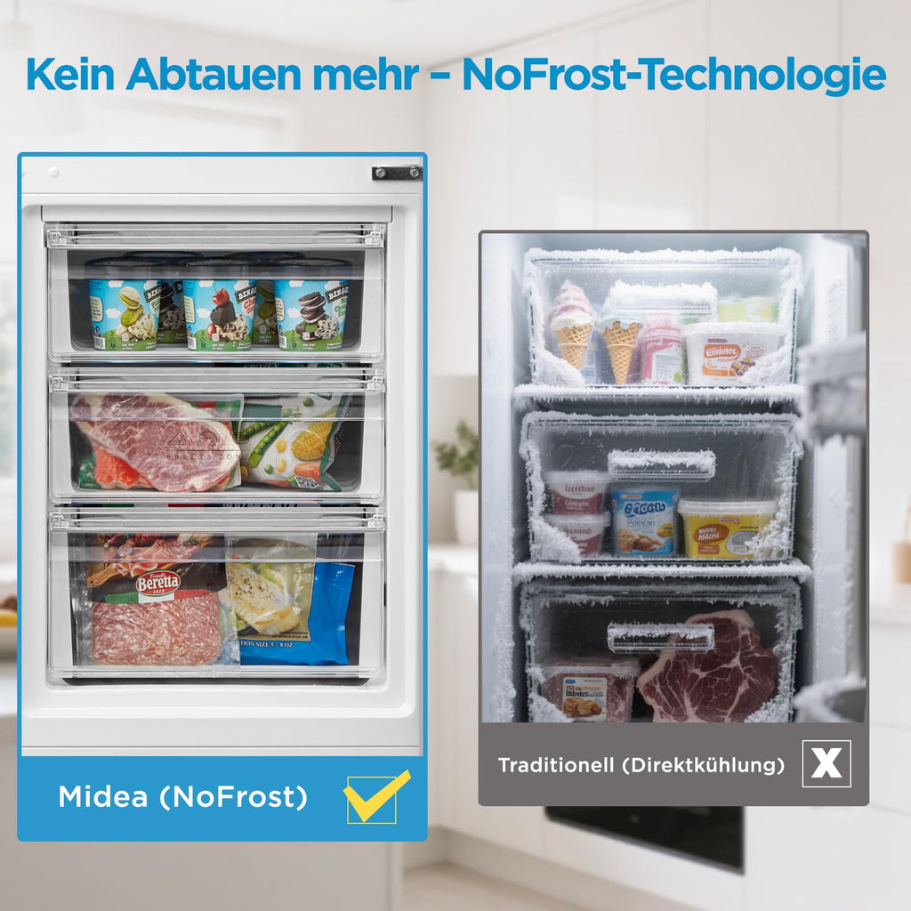 Midea Kühlschrank mit Gefrierfach MERB276FGE02A | 270L Kühl-Gefrierkombination (199L + 71L) | No Frost, All-Around Cooling | Doppelte Steuerung & Digital Control | Super-Kühl, LED | 180 cm, Edelstahl
