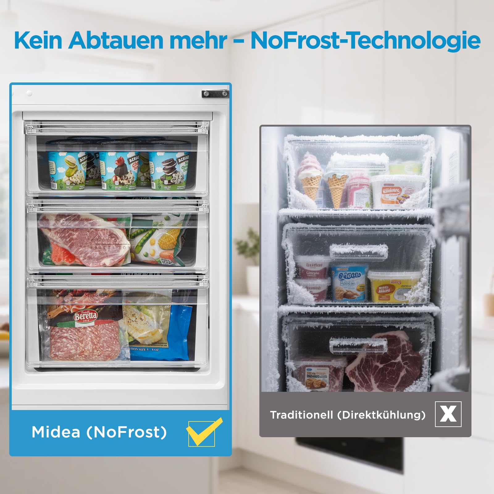 Midea Kühlschrank mit Gefrierfach MERB276FGE02A | 270L Kühl-Gefrierkombination (199L + 71L) | No Frost, All-Around Cooling | Doppelte Steuerung & Digital Control | Super-Kühl, LED | 180 cm, Edelstahl