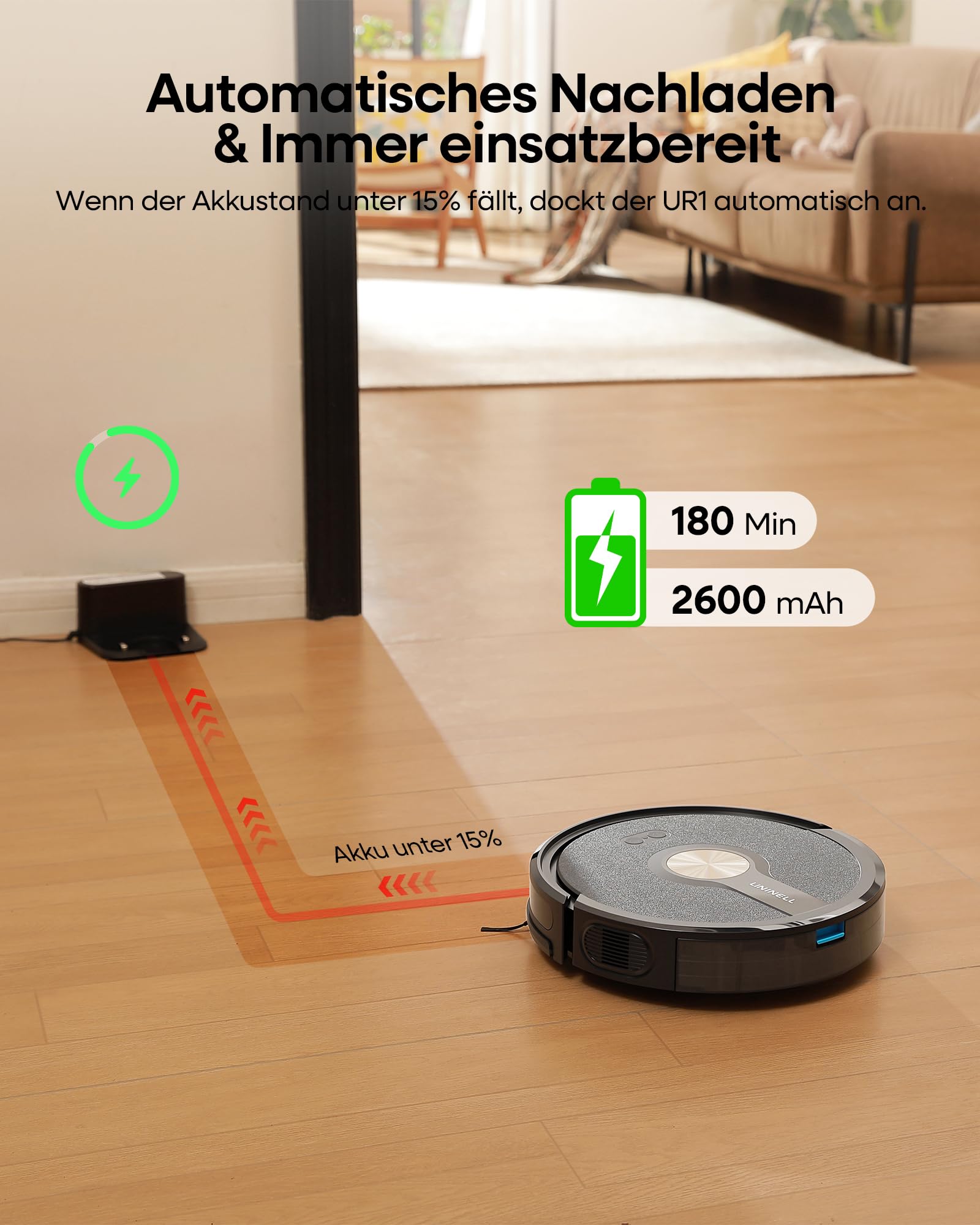 uninell Saugroboter mit Wischfunktion 5000Pa, Staubsauger Roboter 3 in 1 mit 180Min Laufzeit, Staubsaugroboter mit Auto-Teppich-Boost Roboterstaubsauger für Tierhaare Teppich Böden, APP Steuerung
