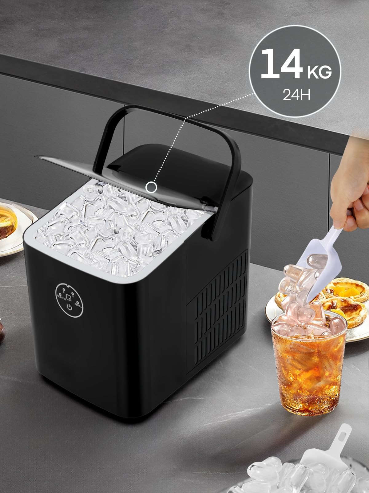 FOHERE Eiswürfelmaschine 14kg 24 Stunden, Eiswürfel in 5 Min, 2 Größen von Bullet Ice, Selbstreinigender Eiswürfelbereiter mit Griff, Eisschaufel u. Korb, Ice Maker für Party Büro RV (Tiefschwarz)