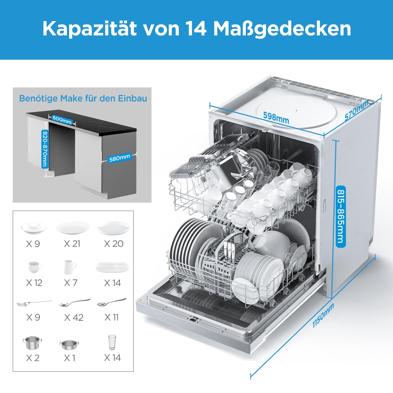 Midea SI 3.60N wi Geschirrspüler 60 cm Teilintegriert, 13 Maßgedecke, Halbintegrierter Spülmaschine mit WiFi, Extra Trocknung, 7 Programme, 49dB, 0~24 Startverzögerung - Inox