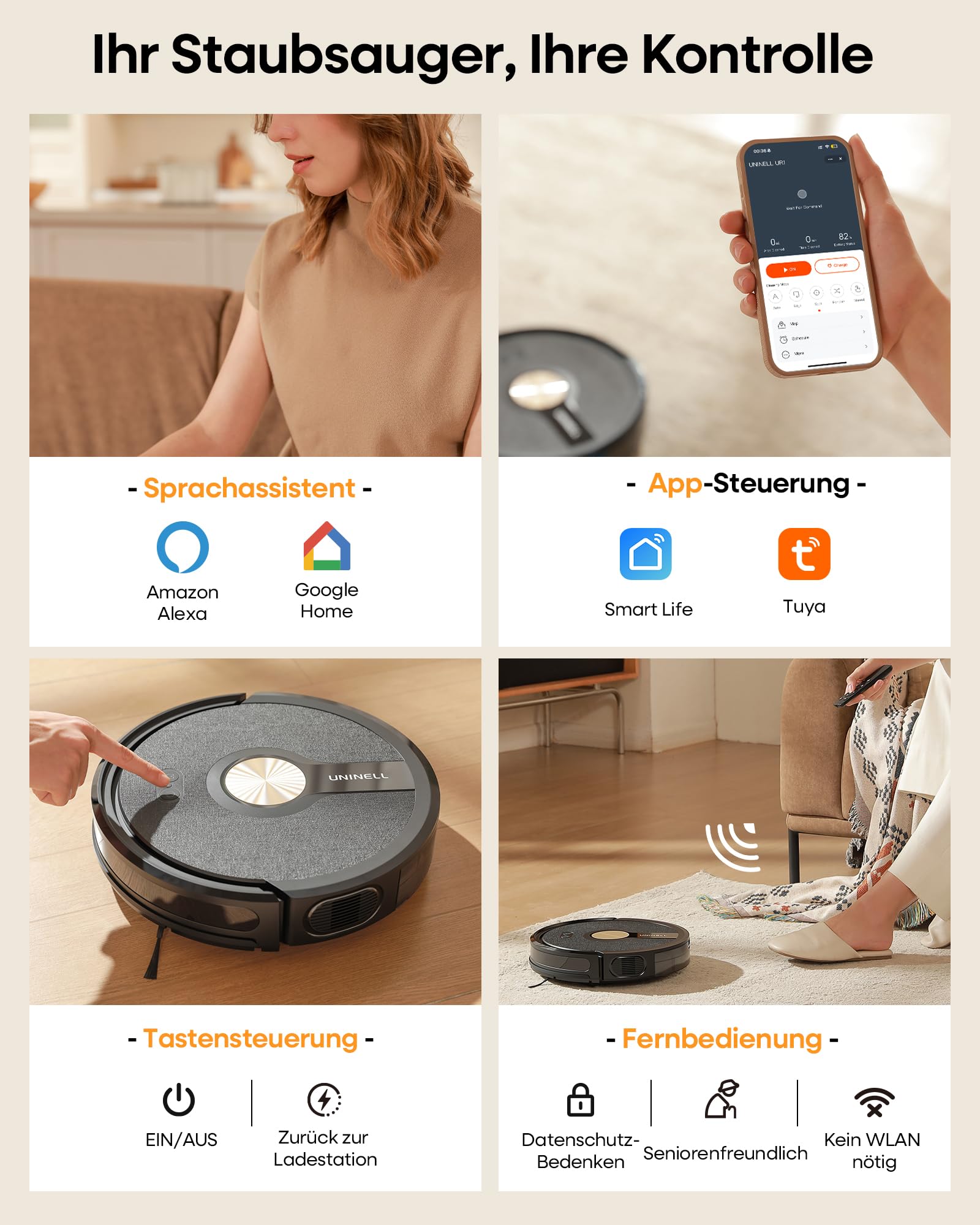 uninell Saugroboter mit Wischfunktion 5000Pa, Staubsauger Roboter 3 in 1 mit 180Min Laufzeit, Staubsaugroboter mit Auto-Teppich-Boost Roboterstaubsauger für Tierhaare Teppich Böden, APP Steuerung