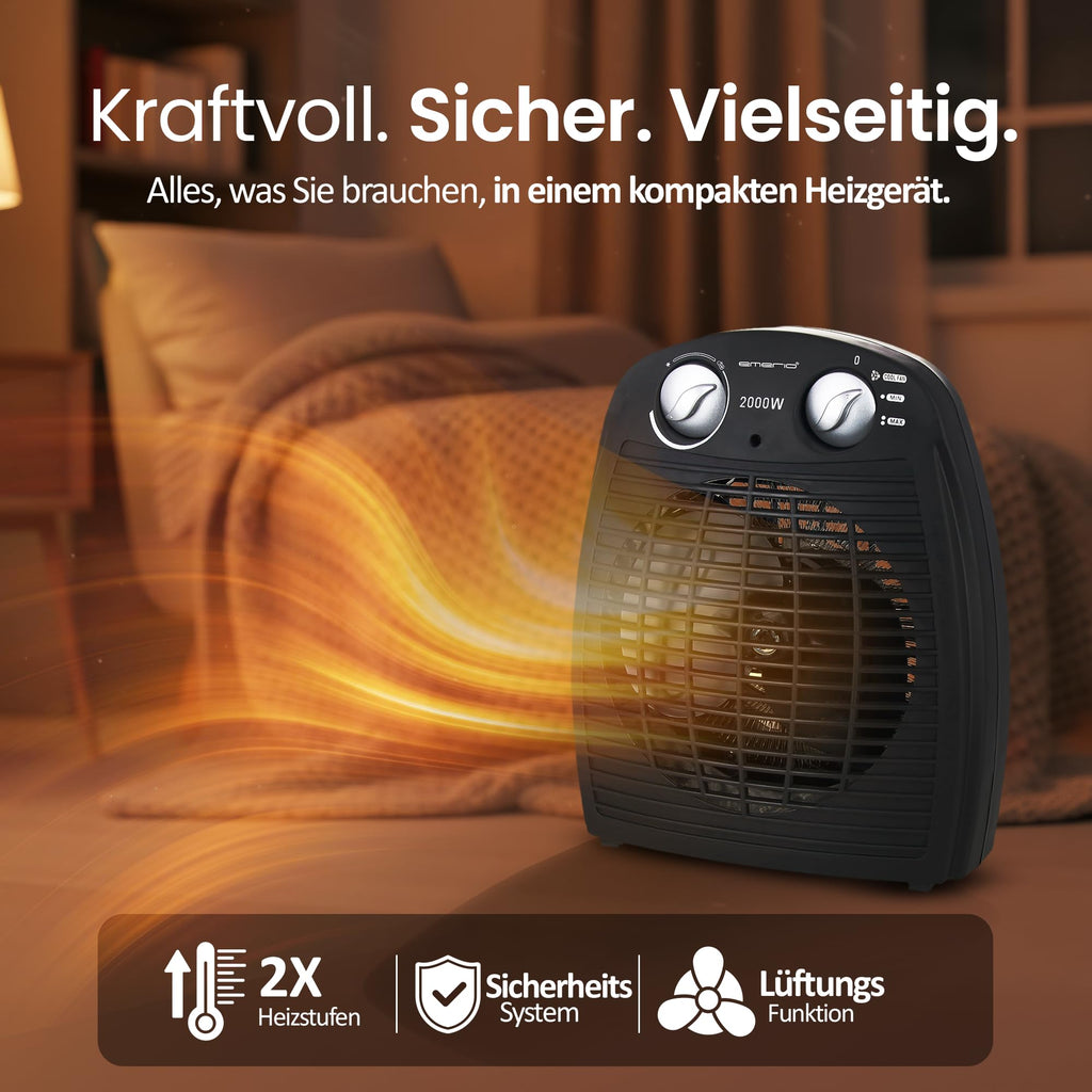 Emerio FH-106737.2, Note 1.5, kleiner kompakter portabler Heizlüfter für 25 m², 2 Heizleistungen + Ventilatorfunktion, verstellbarer Thermostat, Sicherheitsschalter, Handgriff, 2000 Watt, Anthrazit