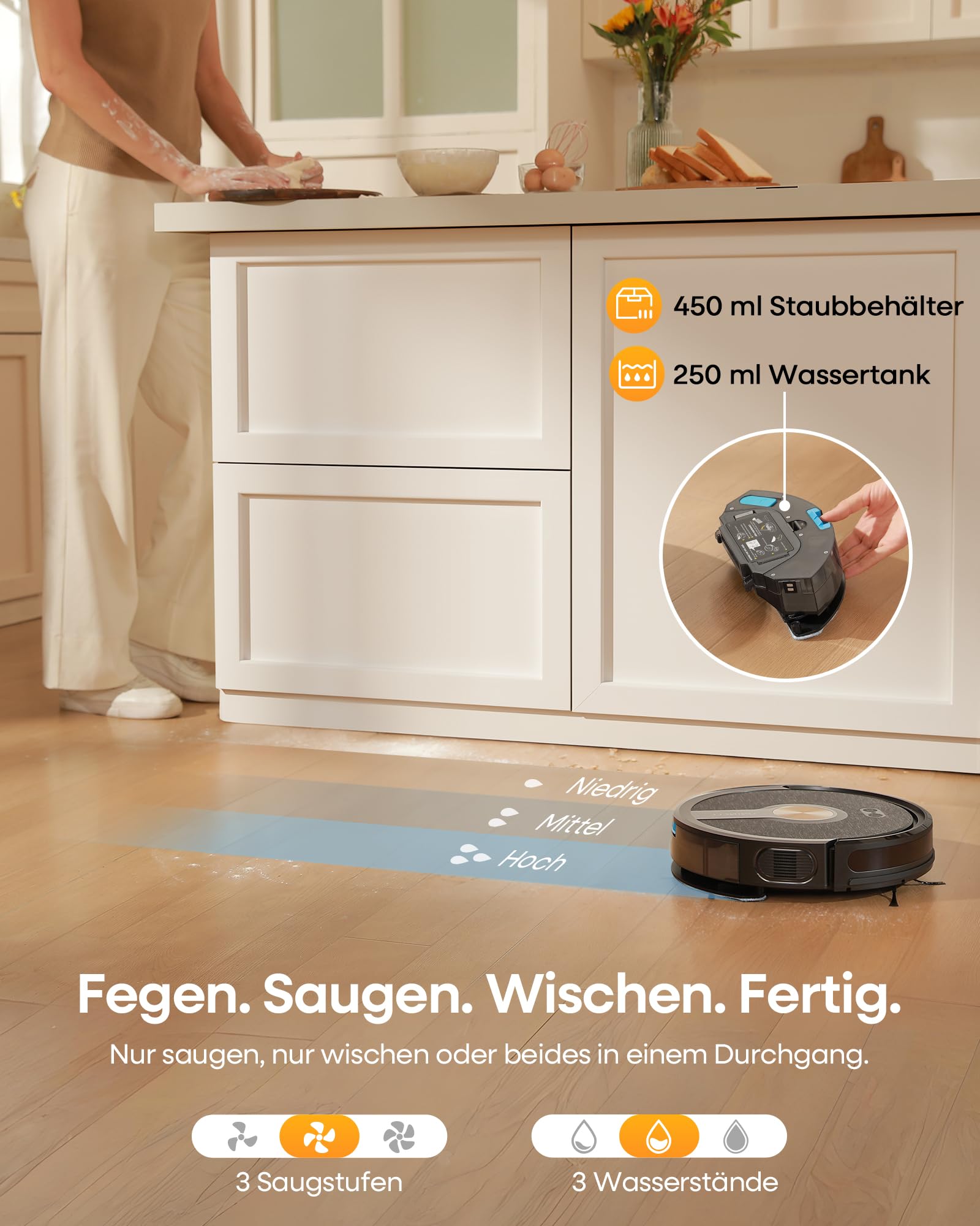 uninell Saugroboter mit Wischfunktion 5000Pa, Staubsauger Roboter 3 in 1 mit 180Min Laufzeit, Staubsaugroboter mit Auto-Teppich-Boost Roboterstaubsauger für Tierhaare Teppich Böden, APP Steuerung