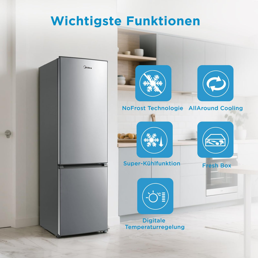 Midea Kühlschrank mit Gefrierfach MERB276FGE02A | 270L Kühl-Gefrierkombination (199L + 71L) | No Frost, All-Around Cooling | Doppelte Steuerung & Digital Control | Super-Kühl, LED | 180 cm, Edelstahl