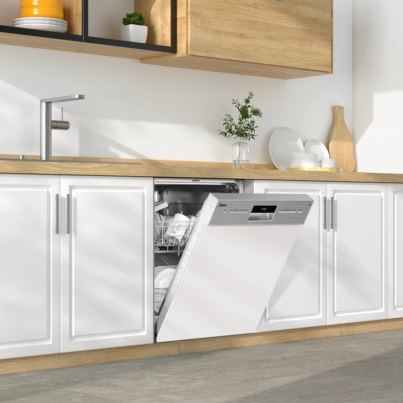 Midea SI 3.60N wi Geschirrspüler 60 cm Teilintegriert, 13 Maßgedecke, Halbintegrierter Spülmaschine mit WiFi, Extra Trocknung, 7 Programme, 49dB, 0~24 Startverzögerung - Inox