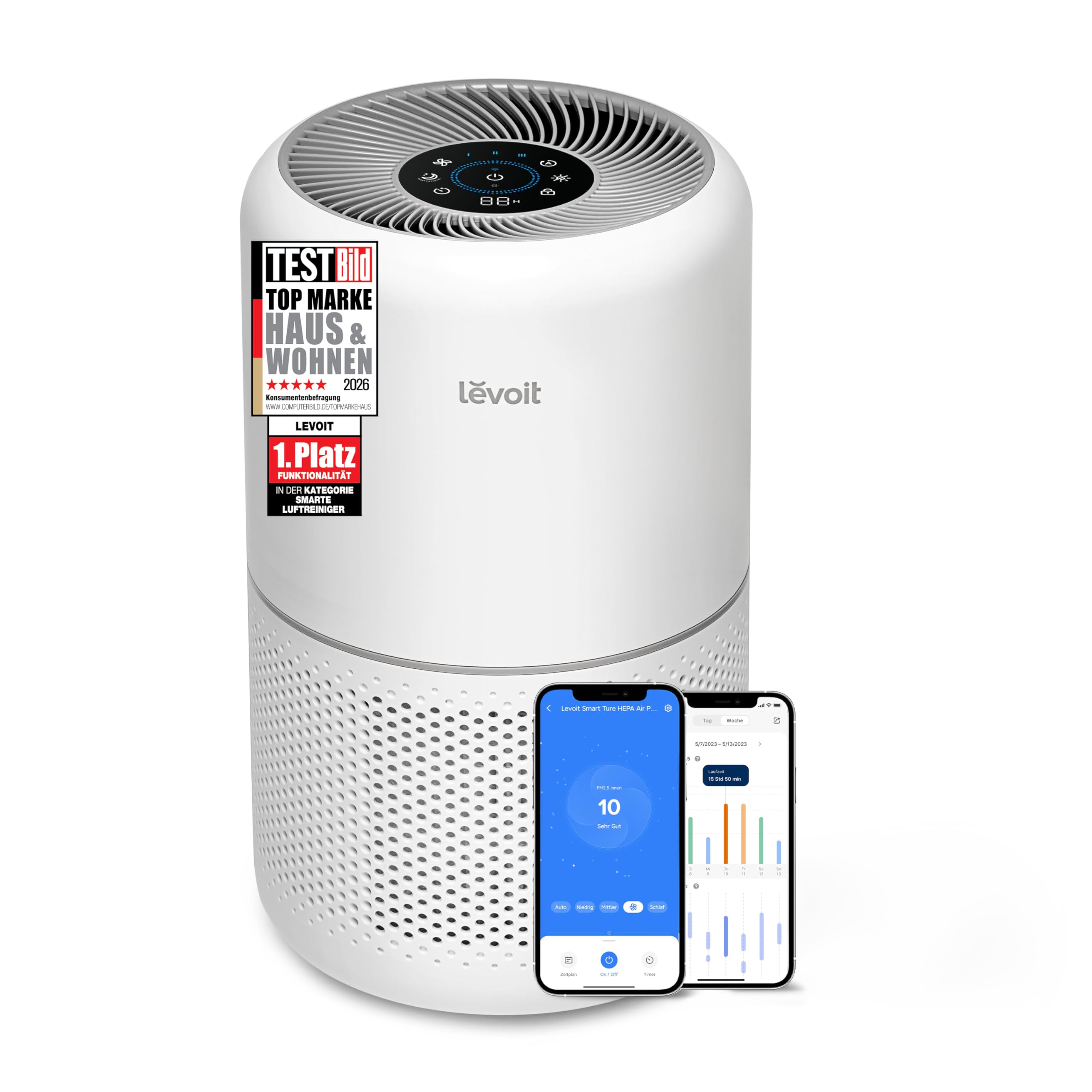 Levoit Luftreiniger mit HEPA Luftfilter gegen 99,97 Prozent Schimmel Staub Pollen Tierhaare, Luftqualitäts-Feedback und Auto-Modus, CADR 240m³/h für Raucherzimmer, bis zu 50m², Weiß