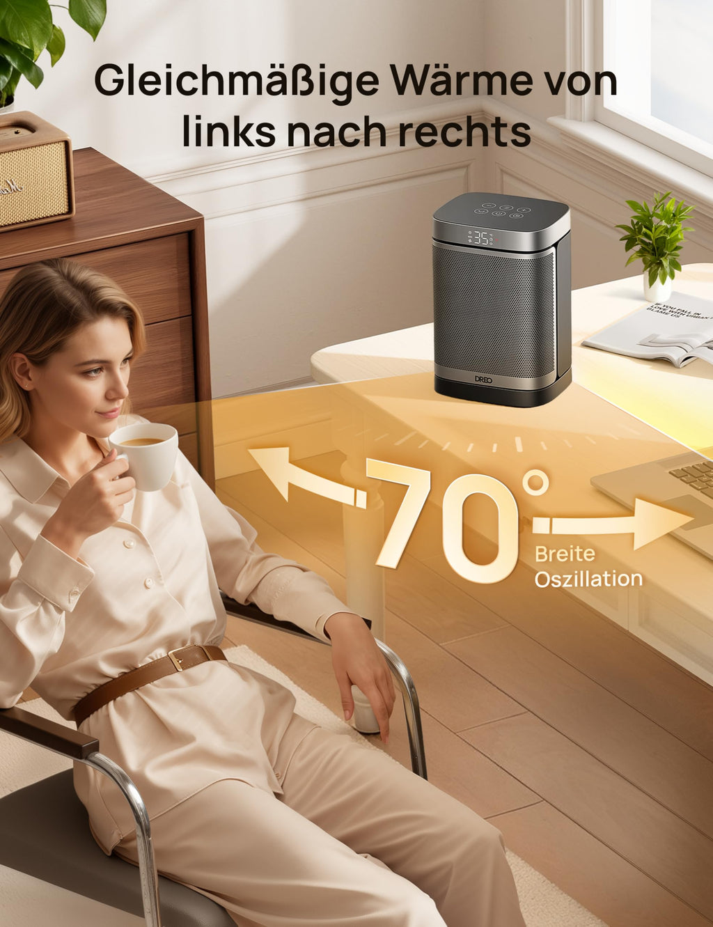 Dreo Heizlüfter Energiesparend Klein, 1500W Heizung Elektrisch mit Thermostat, 70° Oszillierend Elektroheizung, PTC Keramik Heizlüfter Leise, ECO-Modus, 12-Std-Timer, Überhitzungs- & Kippschutz