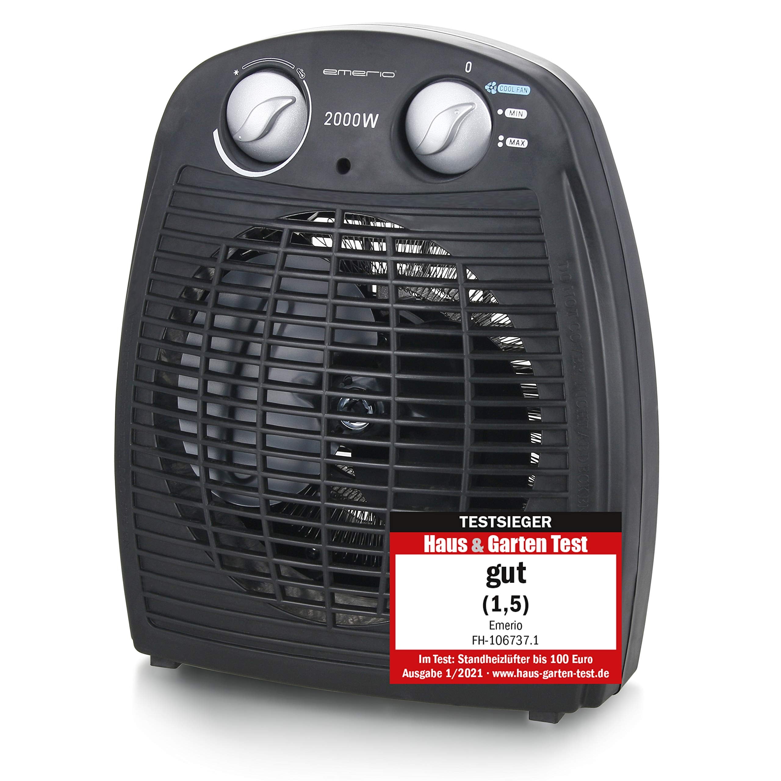 Emerio FH-106737.2, Note 1.5, kleiner kompakter portabler Heizlüfter für 25 m², 2 Heizleistungen + Ventilatorfunktion, verstellbarer Thermostat, Sicherheitsschalter, Handgriff, 2000 Watt, Anthrazit