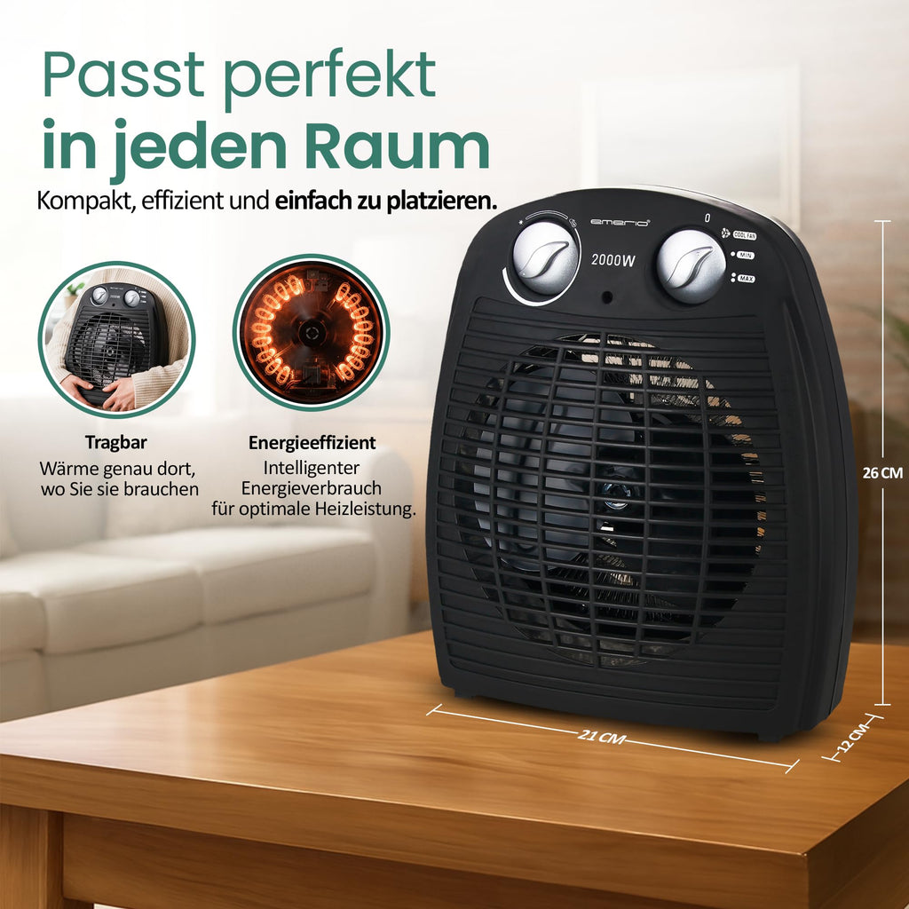 Emerio FH-106737.2, Note 1.5, kleiner kompakter portabler Heizlüfter für 25 m², 2 Heizleistungen + Ventilatorfunktion, verstellbarer Thermostat, Sicherheitsschalter, Handgriff, 2000 Watt, Anthrazit