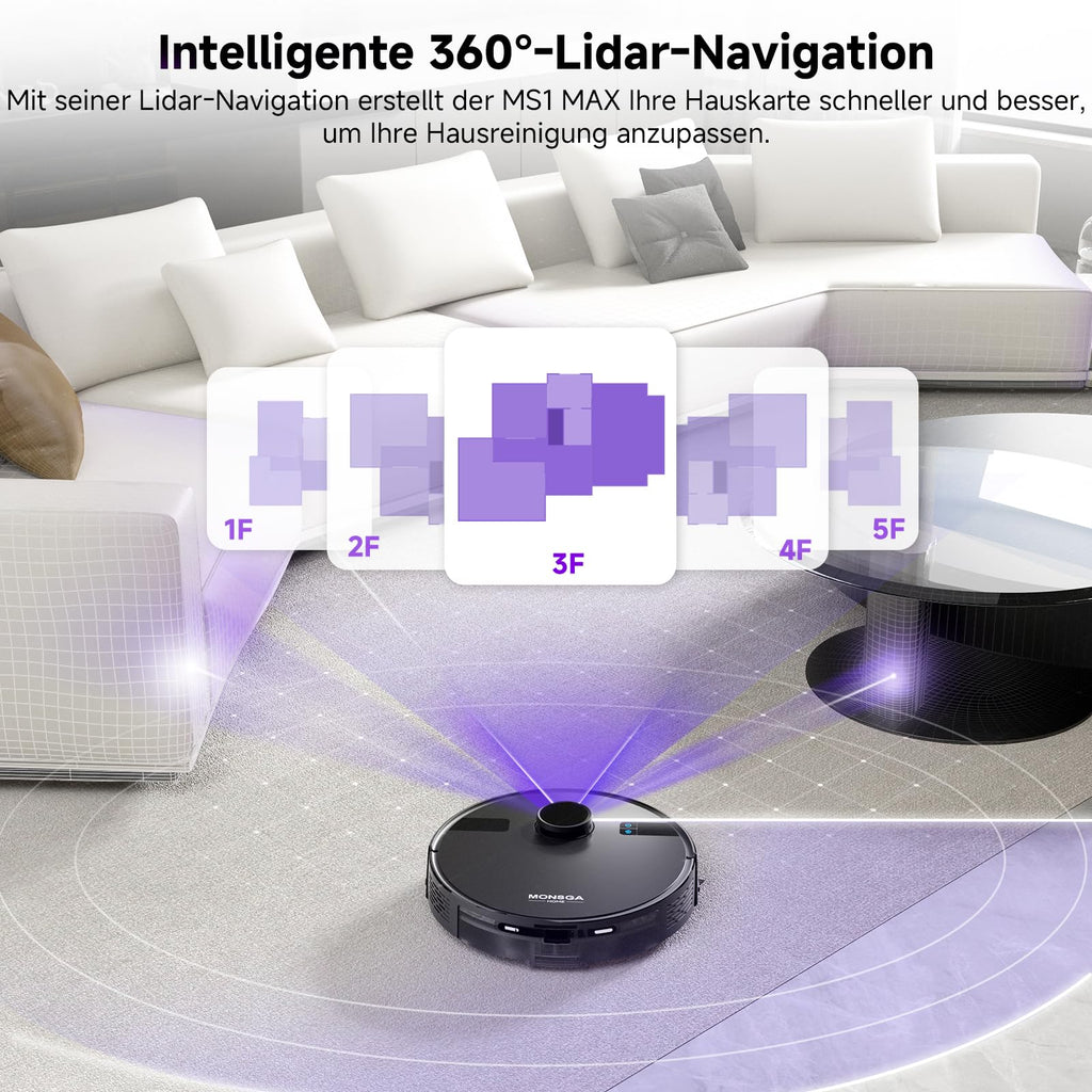 MONSGA Saugroboter mit Wischfunktion, 3.5L Staubsauger Roboter mit Absaugstation, 5000Pa Saugkraft, 180Min Laufzeit, LiDAR Navigation, Starke Saugkraft ideal für Teppich und Tierhaare, APP Steuerung