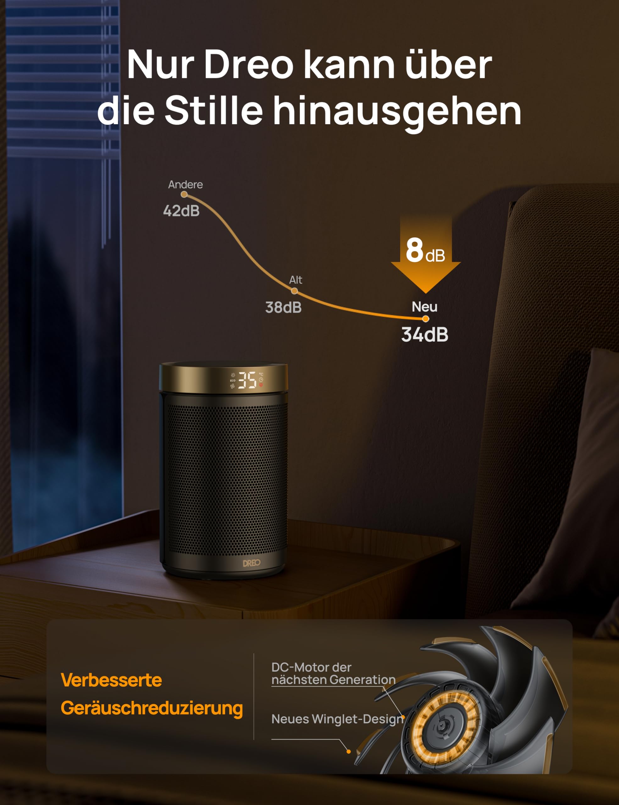 Dreo Energiesparender Heizlüfter, 34 dB Leiser 1500W Elektrischer PTC Keramik, Thermostat, Überhitzungs- & Kippschutz, 12 Std. Timer, Elektroheizung für Räume Schlafzimmer, Heater 316, Gold