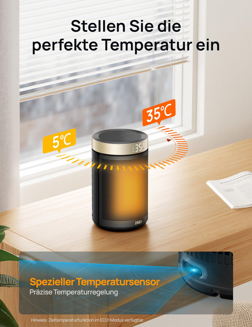 Dreo Energiesparender Heizlüfter, 34 dB Leiser 1500W Elektrischer PTC Keramik, Thermostat, Überhitzungs- & Kippschutz, 12 Std. Timer, Elektroheizung für Räume Schlafzimmer, Heater 316, Gold