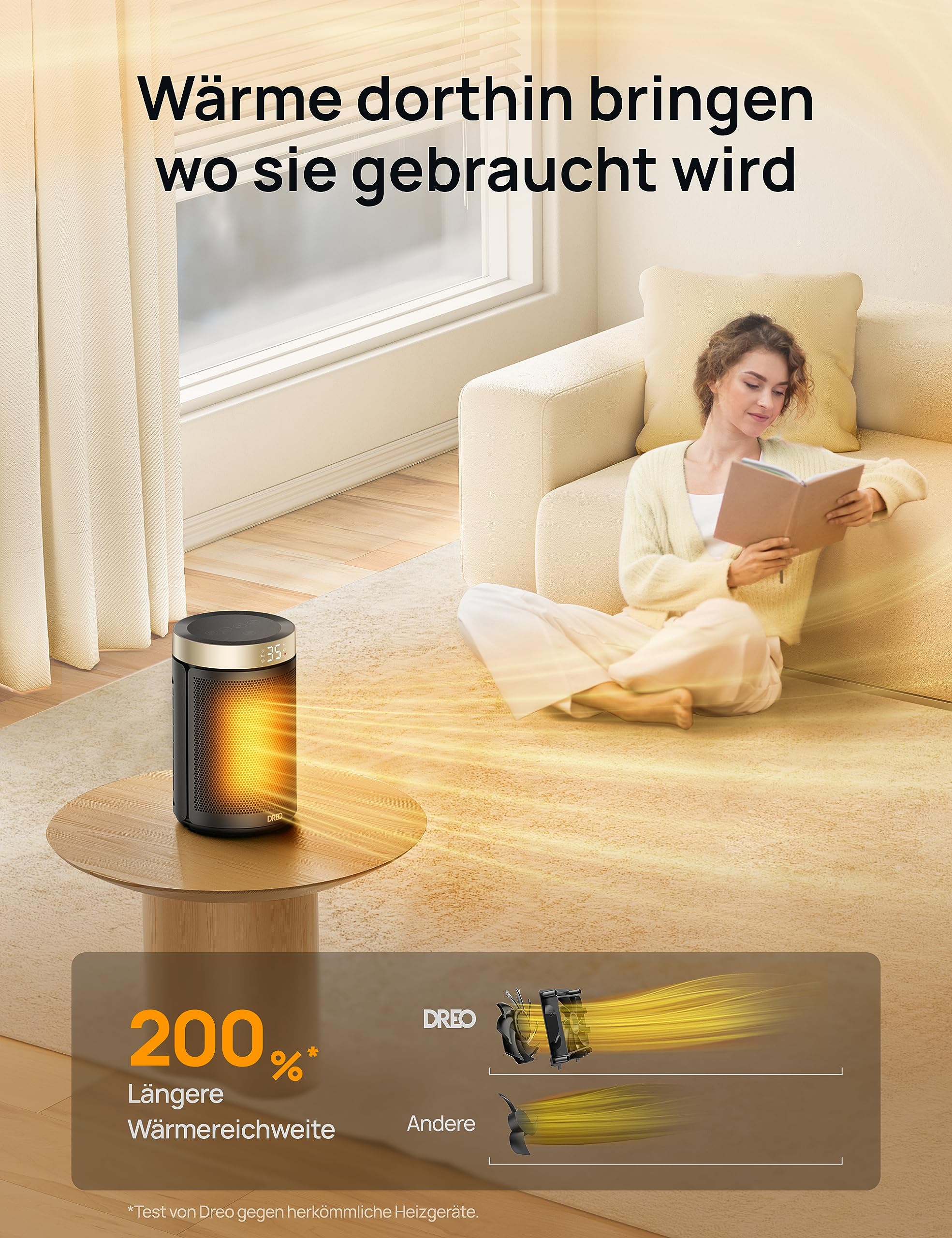 Dreo Energiesparender Heizlüfter, 34 dB Leiser 1500W Elektrischer PTC Keramik, Thermostat, Überhitzungs- & Kippschutz, 12 Std. Timer, Elektroheizung für Räume Schlafzimmer, Heater 316, Gold